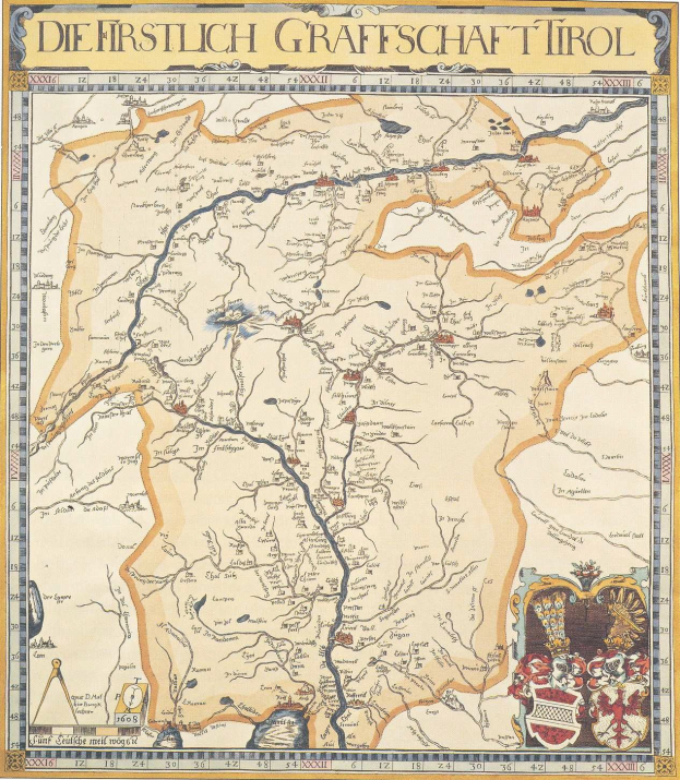 Detailreiches historisches Plakat der ersten Grafschaft Tirol-Karte, das geografische Merkmale wie Flüsse, Berge und Städte zeigt, mit begleitendem Text über die Region und ihre Bewohner.