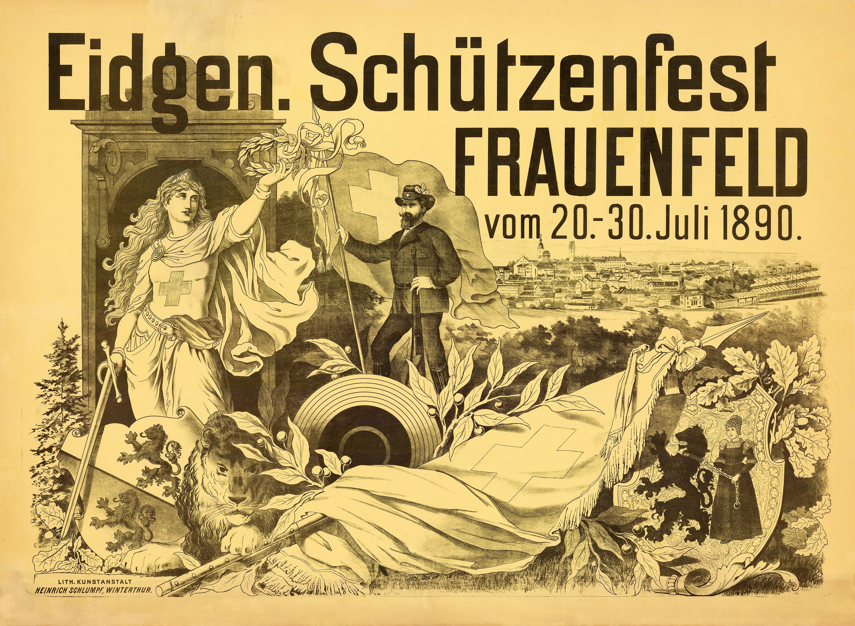 Alter Plakat für das Eidgen Schützenfest in Frauenfeld, Deutschland, das einen Mann in einem Anzug und eine Frau in einem Kleid zeigt, die nebeneinander stehen, mit Ereignisinformationen im Text.