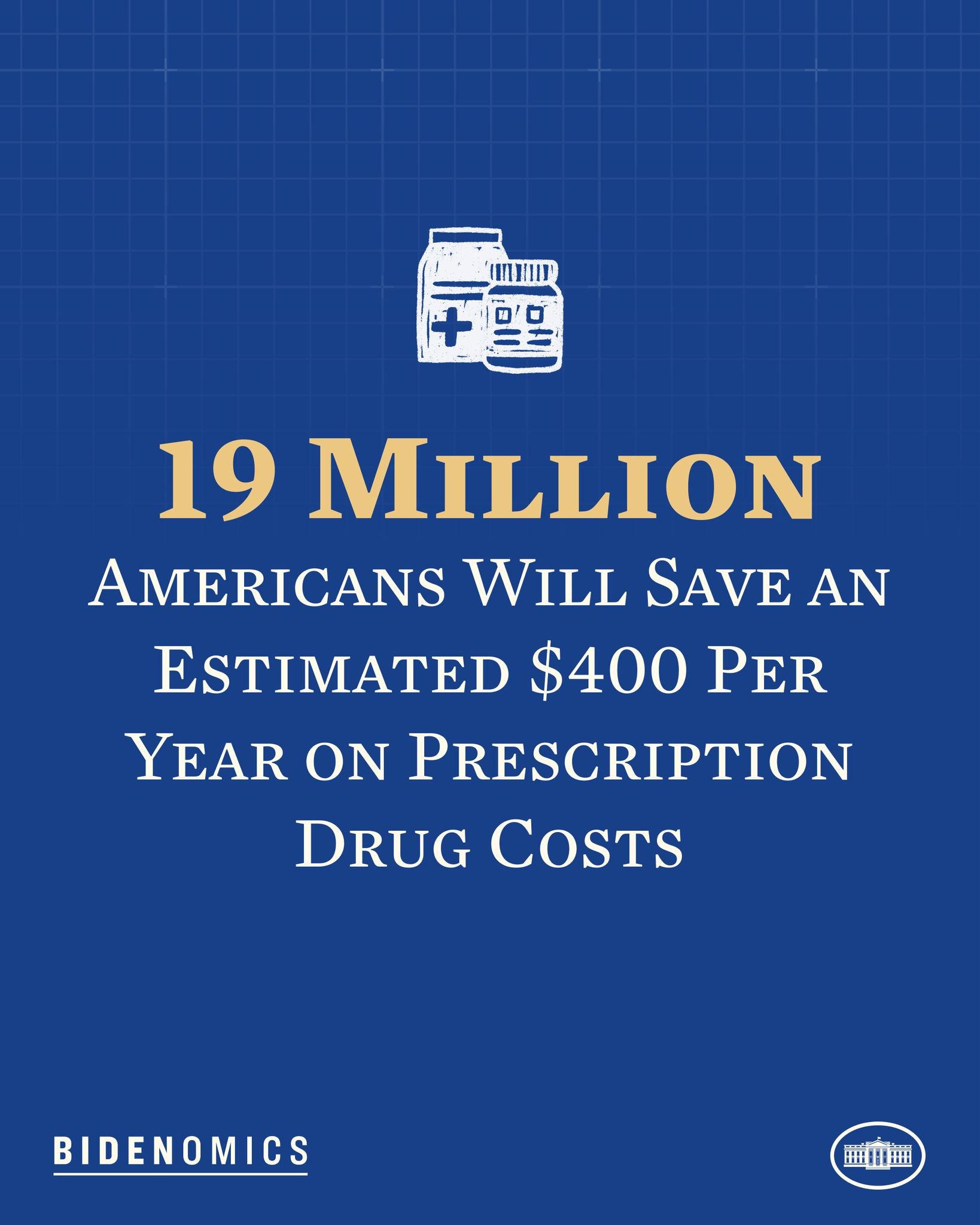 Blauer Hintergrund mit weißer Schrift und Logo, das besagt: "19 Millionen Amerikaner werden geschätzte 400 USD pro Jahr an Arzneikosten sparen."