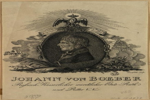 Ein altes Buch mit einer Zeichnung von Johann von Boeber, einem deutschen Philosophen, auf dem Cover, das auf einer flachen Oberfläche liegt und von begleitendem Text umgeben ist.