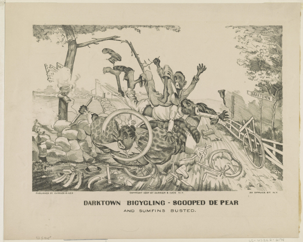 Schwarz-weiß-Illustration einer Gruppe von Menschen auf einem hellgelben Fahrrad, mit verstörten Gesichtern, unter einem dunklen blauen Himmel mit Wolken und Text unten lesend "darktown bicycling - scooped de pear and sumfins busted."