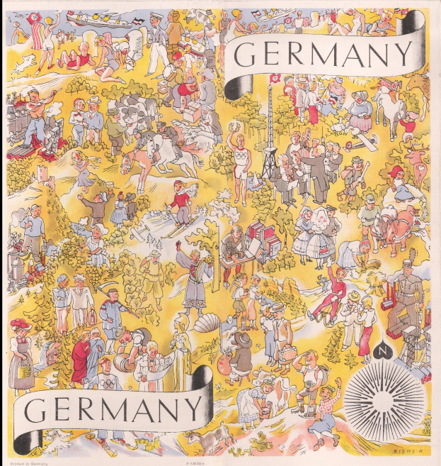 Schwarzes Plakat mit einer Deutschlandkarte, überlagert mit zahlreichen Menschen, begleitet von Texten, die Informationen über das Land bereitstellen.