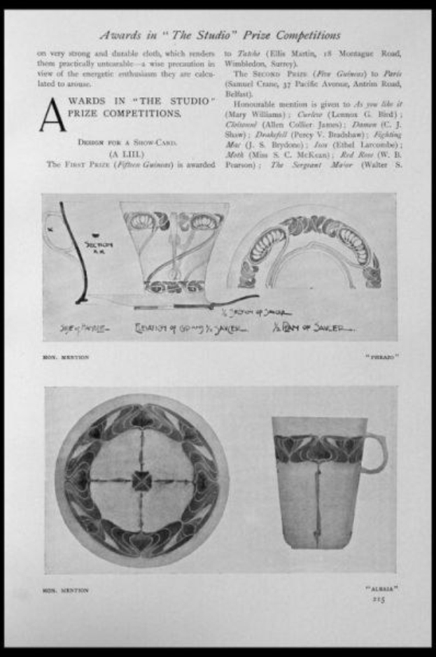 Schwarze und weiße Zeichnung einer Tasse und eines Untersetzers mit einem Design, eingerahmt von einem schwarzen Rand, und Text, der "Awards in the Studio Prize Competitions" lautet.