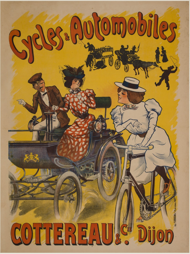 Plakat zur Förderung von Fahrrädern und Automobilen in Cottereau und Dijon, Frankreich, mit Menschen auf Fahrrädern und einer Kutsche.
