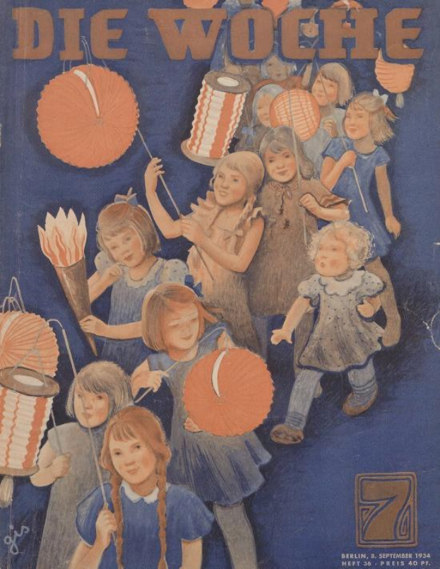 Titelbild der Zeitschrift *Die Woche* mit Kindern in traditioneller deutscher Tracht, die buntfarbige Laternen halten und den 7. September 1934 feiern, mit der Aufschrift "Die Woche" und "Frohes neues Jahr."