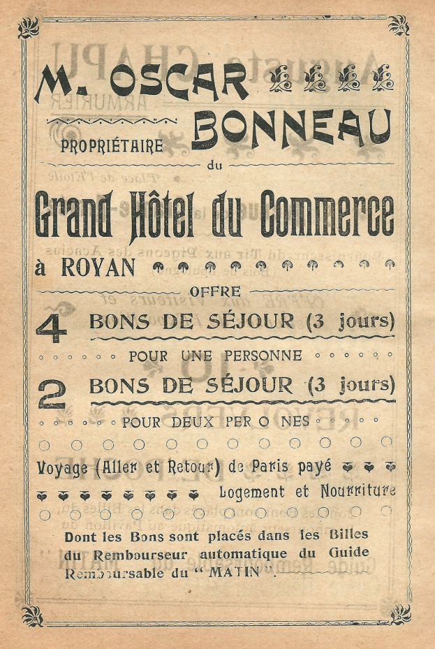 Schwarze und weiße Werbung für das Grand Hotel du Commerce in Paris, Frankreich, mit Text, der die Hotelangebote beschreibt.