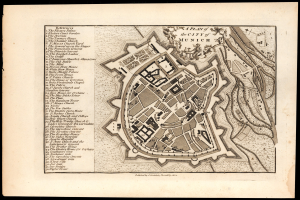 Detailiertes altes Stadtplan von München, Deutschland, mit Straßen, Gebäuden und Sehenswürdigkeiten auf einem schwarzen Hintergrund, begleitet von Text.