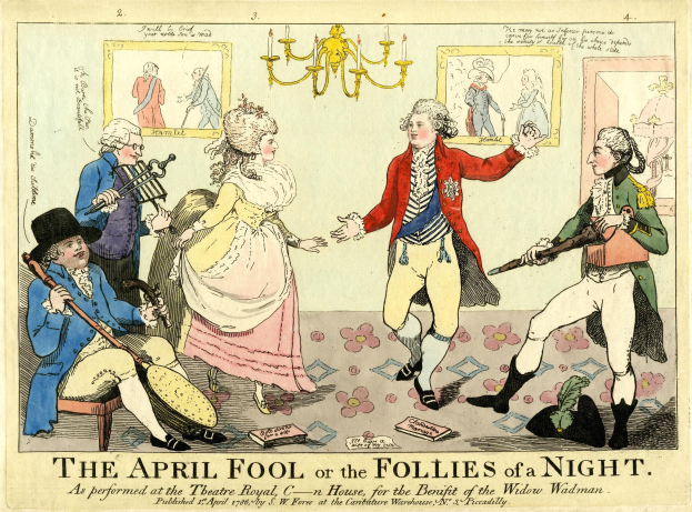 Ein Blatt Papier mit einer Zeichnung von Menschen in historischer Kleidung, die Musikinstrumente spielen, einem Kronleuchter und dem Text "The April Fool or the Follies of a Night" auf einem hellblauen Hintergrund.
