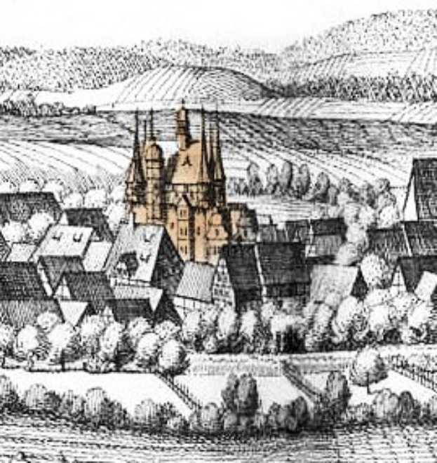 Schwarz-weiß-Zeichnung einer kleinen Stadt mit einer zentral gelegenen Kirche, umgeben von Bäumen und Hügeln, beschriftet mit "Gothic Architecture in Germany" unten.