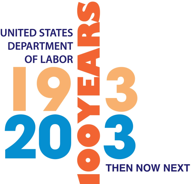 Das Bild zeigt das Logo des US-Arbeitsministeriums - einen blauen Kreis mit einem weißen Stern und einem weißen Rand - gefolgt von dem Text "1933 dann jetzt nächsten" in fetter schwarzer Schrift.