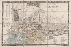 Ausführliche alte Karte von Weimar, Deutschland, zeigt Straßen, Gebäude, Sehenswürdigkeiten und Text mit zusätzlicher Stadtinformation.