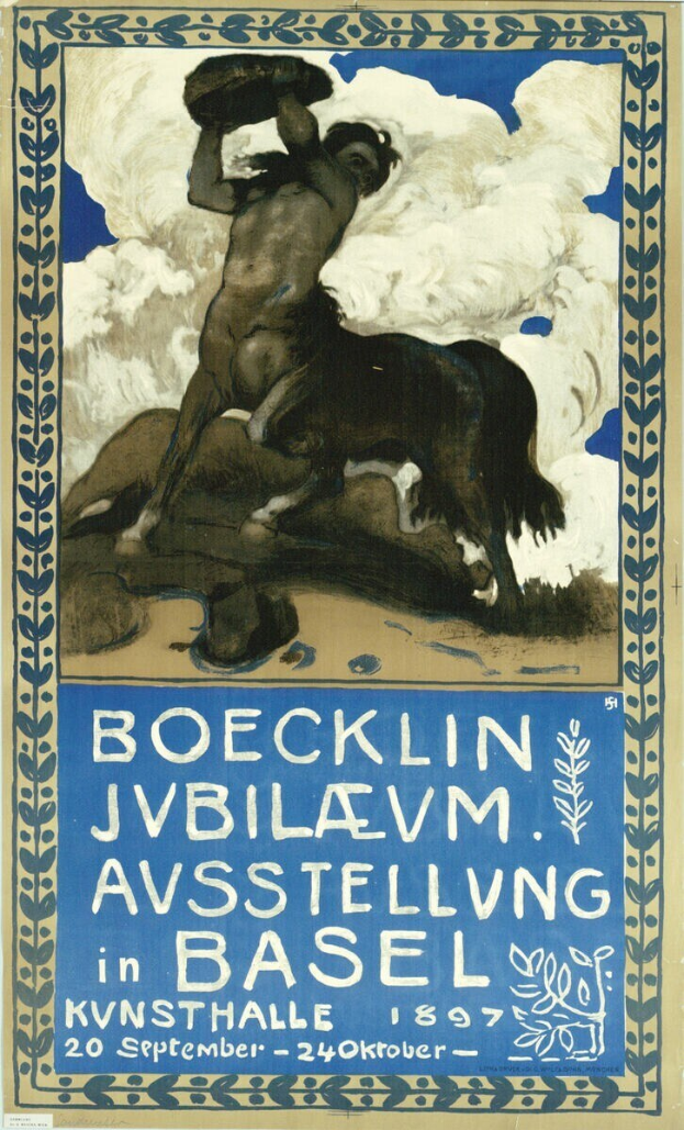 Plakat für ein Konzert in Basel, Schweiz, mit einem Gemälde einer Person und eines Pferdes und Veranstaltungstext.