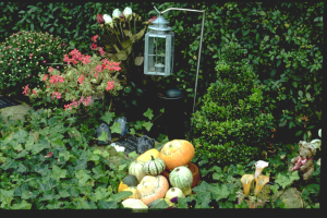 Ein Garten voller Kürbisse und various sizes and colors of pumpkins and gourds, surrounded by blooming flowers and a lamp with a stand.