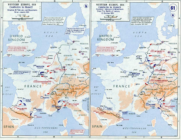 Ein historisches Poster mit einer Karte von Europa während der Schlacht von Leipzig, unterteilt in regionale Abschnitte mit Text- und numerischen Daten zur Ausdehnung des Konflikts.