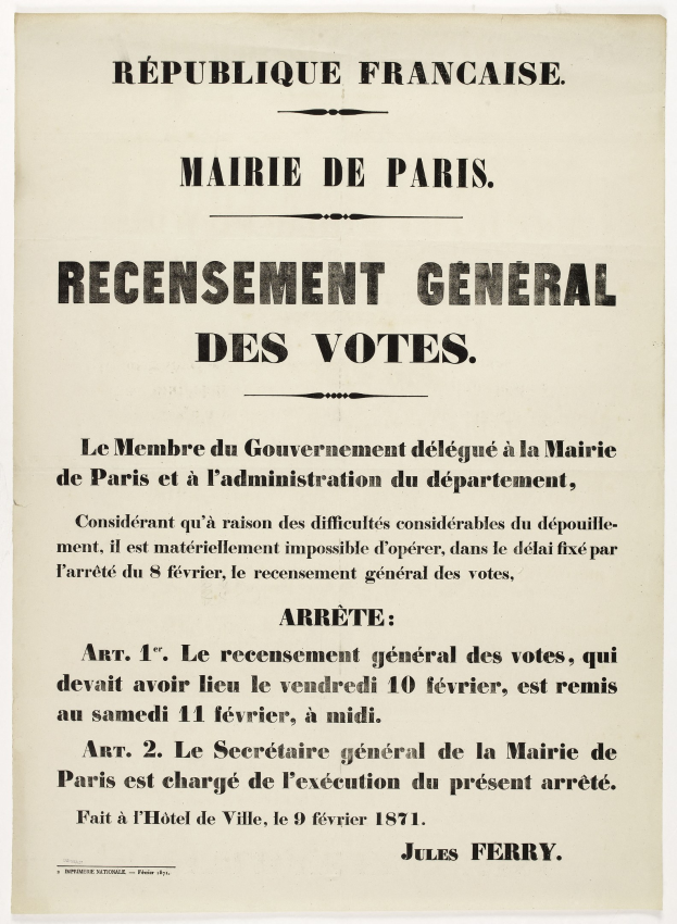 Plakat mit "Recensement Général des Votes" darauf, wahrscheinlich in Zusammenhang mit einem französischen Wahlzettel.