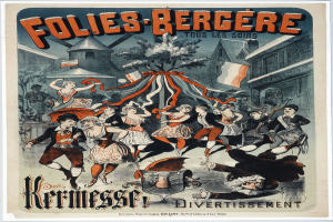 Plakat für das Folies Berg├Ęre-Festival in Paris, das tanzende Menschen in Vordergrund mit Geb├Ąuden, B├Ąumen und Fahnen im Hintergrund zeigt.