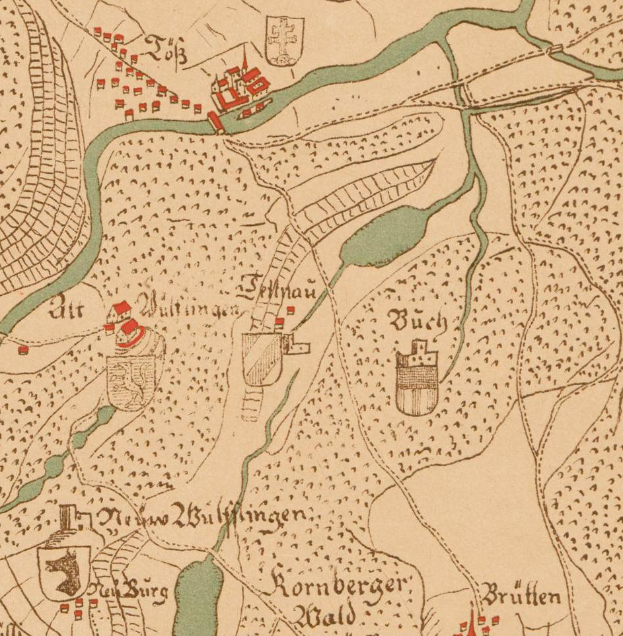 Ein detaillierter alter Stadtplan von Berlin, Deutschland, der die Schlacht an der Rheinbrücke zeigt, mit beschrifteten Städten, Dörfern und dem Verlauf des Flusses, begleitet von erläuterndem Text zur Schlacht.