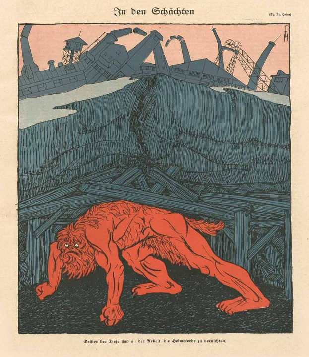 Illustration eines bedrohlichen Werwolfs in Kampfstellung vor einem schmutzigen Fabrikgelände unter einem tiefblauen Himmel, mit einem Plakat in fetter Schrift, das den Werwolf zeigt.