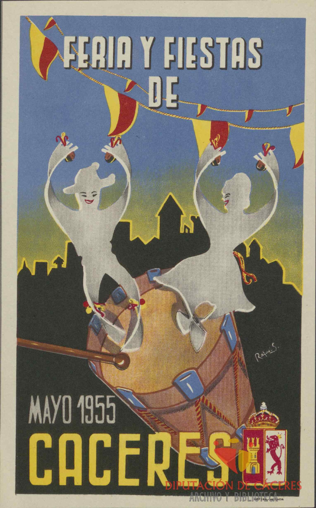 Ein buntes Plakat, das das Karnevalsfest "Feria y Fiestas de Caceres" in Cacceres, Spanien, ankündigt, zeigt Menschen in traditioneller Kleidung, einen hellgelben Hintergrund und Veranstaltungseinzelheiten.