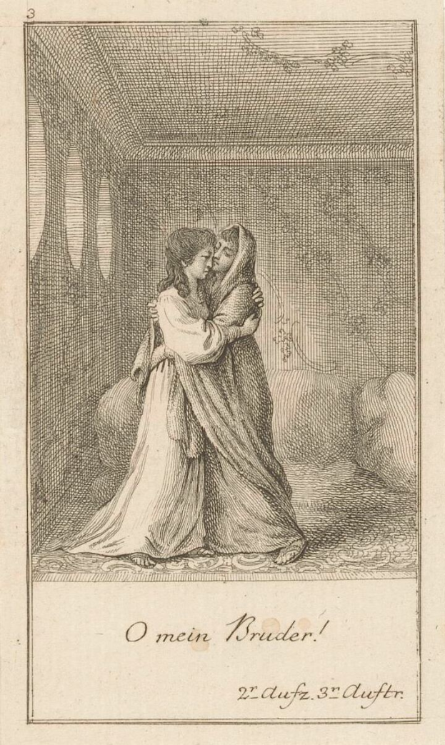 Eine Gravur eines Mannes und einer Frau, die sich in einem Raum umarmen, mit der Inschrift "O mein Bruder" unten.