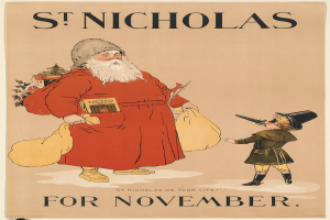 Ein Buchumschlag mit dem Titel "St. Nikolaus f├╝r November" mit Santa Claus und einem Kind.