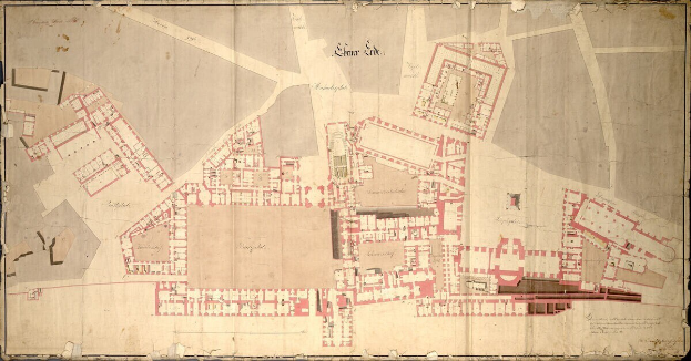 Ausführliche alte Karte des Schlosses von Versailles, die dessen Layout, Räume, Korridore und die umliegende Gegend mit erklärendem Text zeigt.