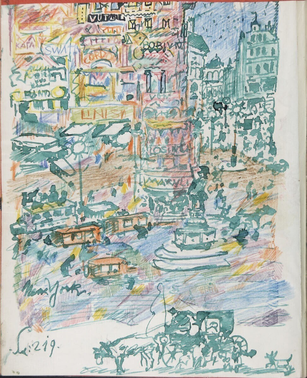 Ein Buchumschlag mit einer detaillierten Stadtlandschaft-Illustration mit Gebäuden, Fahrzeugen, Menschen und einem Brunnen, begleitet von Text.