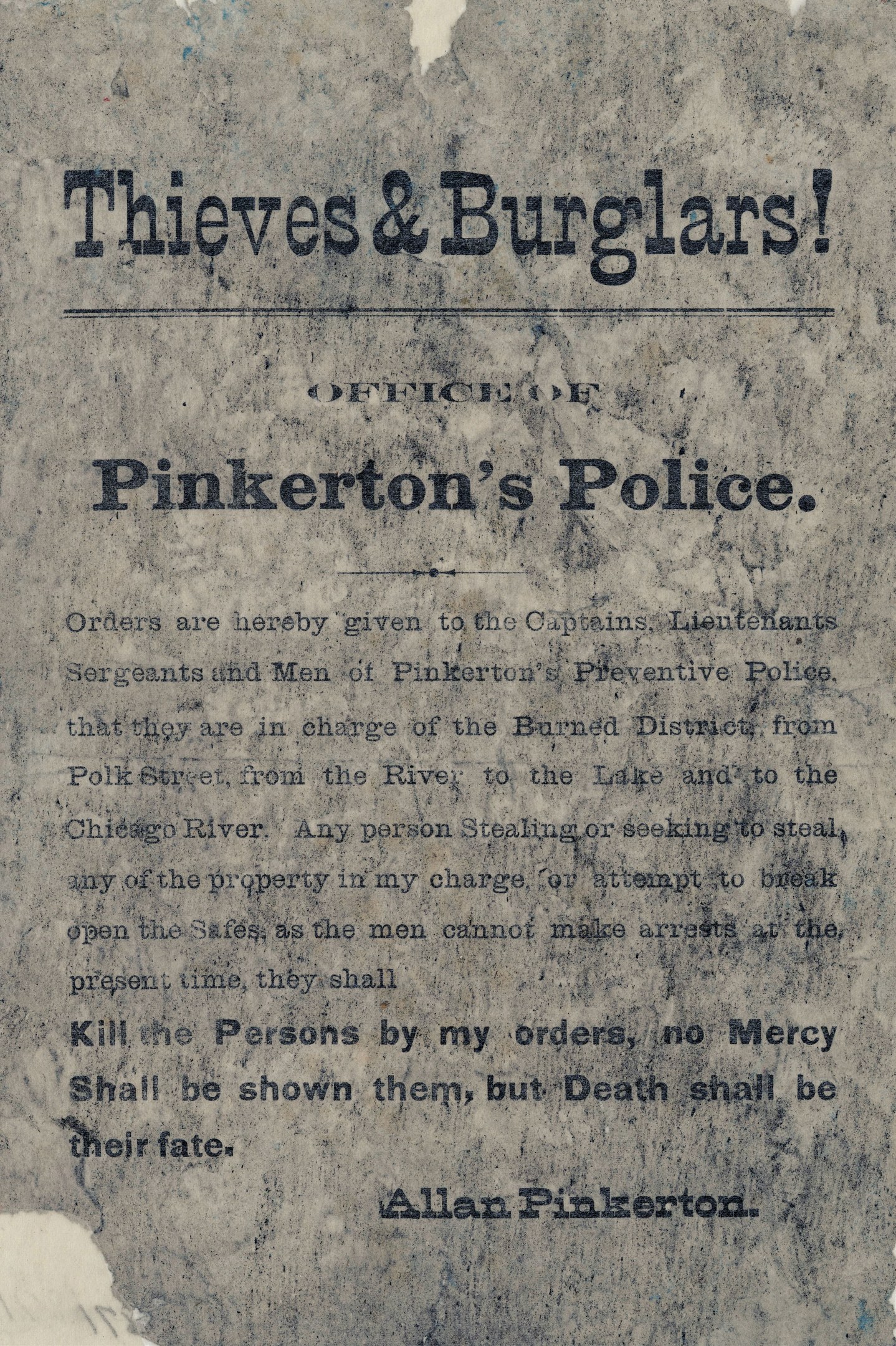 Plakat mit fetter schwarzer Schrift "Diebe & Einbrecher Pinkertons Polizei" auf weißem Hintergrund, umrandet von einem schmalen schwarzen Rand.