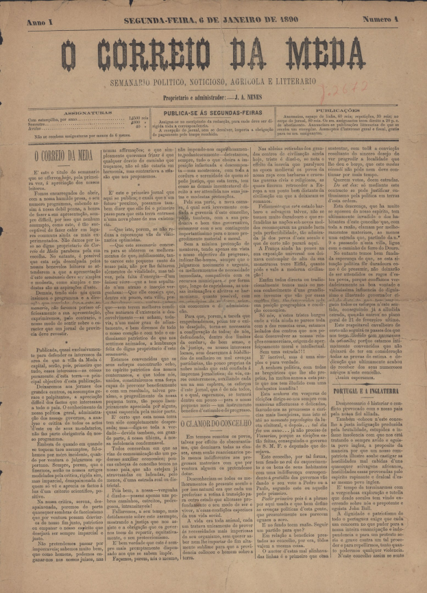 Gelbes, altes Zeitungsblatt mit der Schlagzeile "O Correio da Media" in schwarzer Schrift.