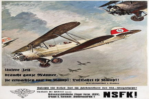 Deutsches Weltkriegs-Propagandaplakat mit einer Formation von Kampfflugzeugen am Himmel mit Text über ihre Fähigkeiten.