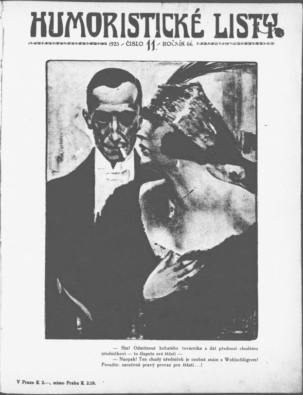 Schwarz-weißes Magazin-Cover mit der Aufschrift 'Humoristische Liste', das einen Mann in Anzug mit ernster Miene und eine Frau zeigt, die wegsieht und leicht schmunzelt.