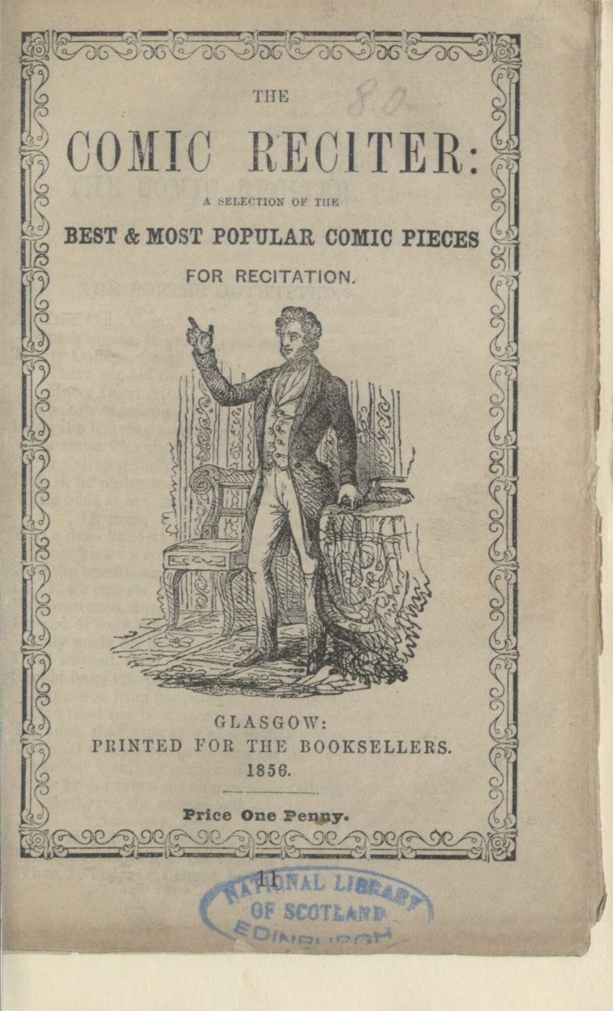 Altes Buch mit dem Titel "The Comic Reciter: A Selection of the Best and Most Popular Comic Pieces for Recitation" mit einer Zeichnung eines Mannes in einem Anzug, der auf einem Stuhl sitzt und einen ernsten Gesichtsausdruck hat.