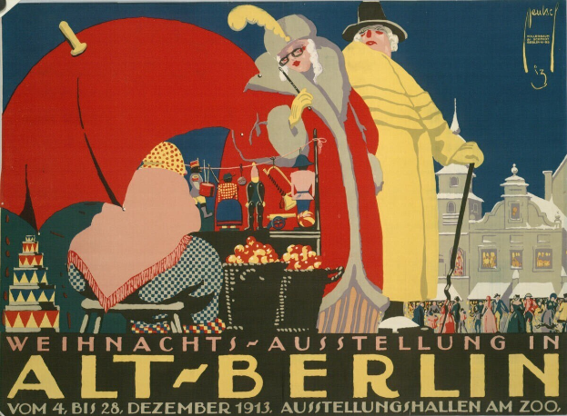 Plakat, das ein Zirkusfest in Berlin, Deutschland, ankündigt, mit Menschen in bunten Kostümen vor einem hohen, imposanten Gebäude mit Text.