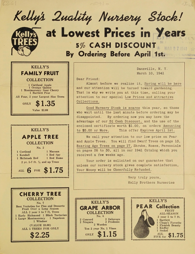 Anzeige für Kelly's Quality Nursery Stock mit Text und Bildern, die die niedrigsten Preise in Jahren hervorheben.