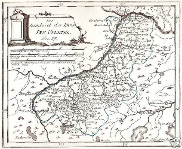 Detailierte Kartendarstellung des Rheins in Deutschland, die seinen Verlauf durch die Region mit beschrifteten Sehenswürdigkeiten und geografischen Merkmalen zeigt, begleitet von Text und einem Bild einer Säule.