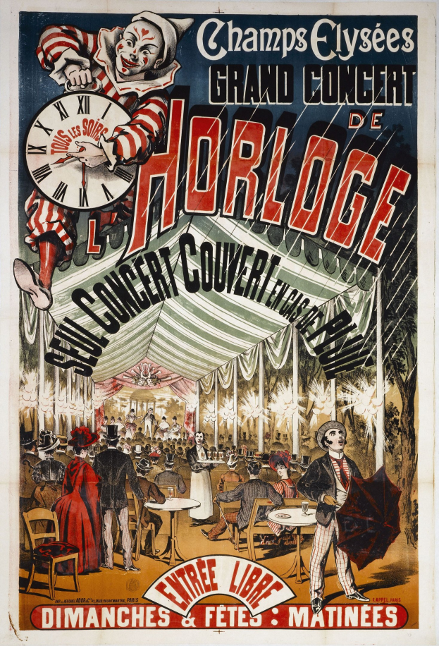 Plakat für ein großes Horloge-Konzert auf den Champs-Élysées mit einer Gruppe von Menschen, darunter eine Person mit einem Schirm in der Mitte und einer Uhr im Hintergrund.