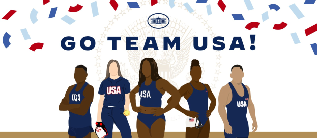 Gruppe animierter Menschen vor einem weißen Hintergrund mit den Worten "Go Team USA" in fetten, bunten Buchstaben, die die US-amerikanische Frauen-Volleyball-Nationalmannschaft darstellen.