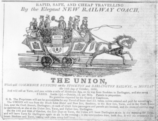 Eine alte Zeitungsanzeige mit einer Kutsche und einer Gruppe von Menschen, begleitet von beschreibendem Text.