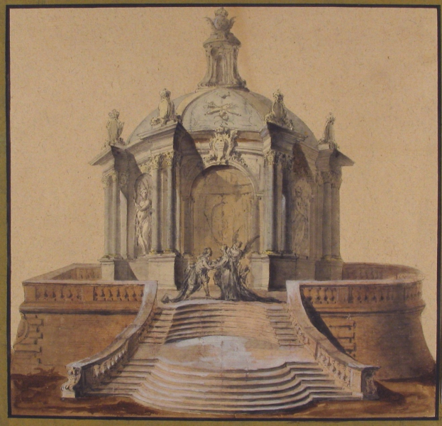 Ein gerahmtes Bild einer Brunnenzeichnung mit einer Statue darauf, umgeben von Treppen und Skulpturen im klassischen Stil.