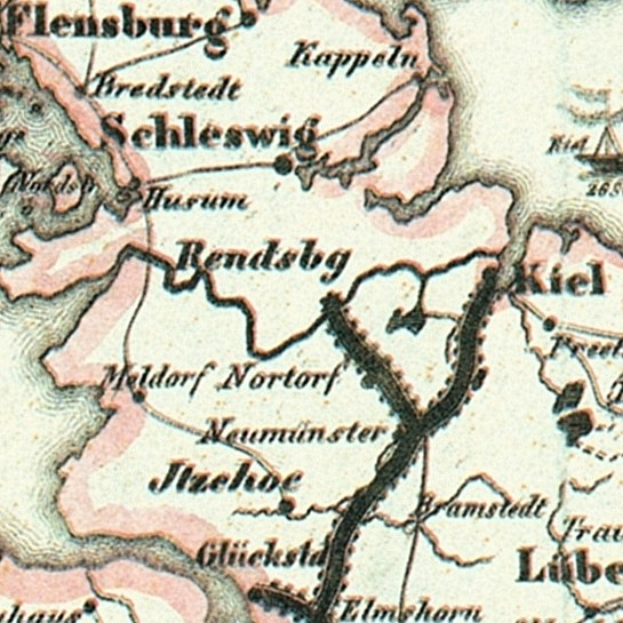 Detailierte alte Karte von Schleswig-Holstein mit Straßen, Gebäuden und Sehenswürdigkeiten mit beschreibenden Textanmerkungen.
