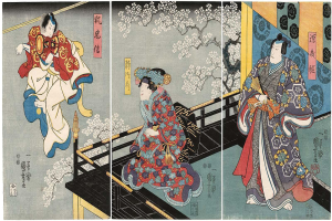 Drei Frauen in Kimono sitzen auf einer Bank umgeben von Kirschblüten in einem Gemälde von Utagawa Kunisada Toyokuni III aus der Serie Fünfzig-Three Stations of the Tokaido, mit traditioneller japanischer Schrift.