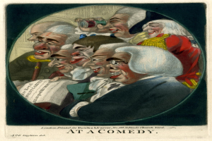 Eine Gruppe von Menschen in einem Kreis, die lachen und Spaß haben, wobei eine Person ein Papier hält und unten ein Text steht, der "Bei einer Komödie" lautet.