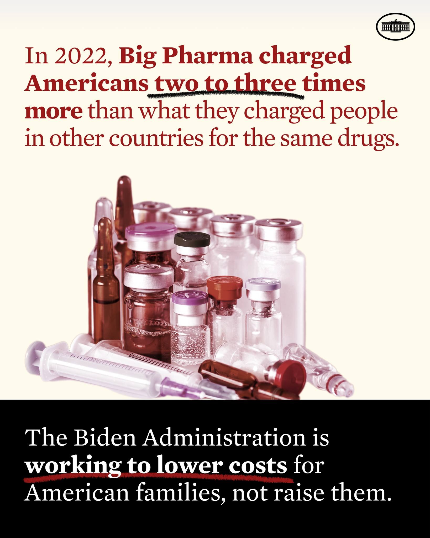Plakat, das zeigt, dass Big Pharma in den USA 2022 zwei bis drei Mal so viel für dieselben Medikamente verlangt hat wie in anderen Ländern, mit Abbildungen von Medikamentenflaschen und einer Spritze darunter.
