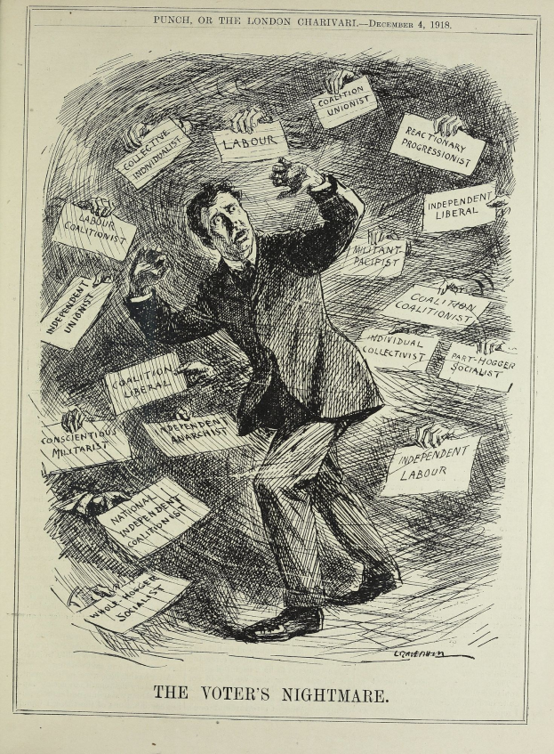 Eine Zeichnung eines Mannes in Anzug und Krawatte mit einem Schild, auf dem "Der Albtraum des Wählers" steht, mit entschlossener Miene.