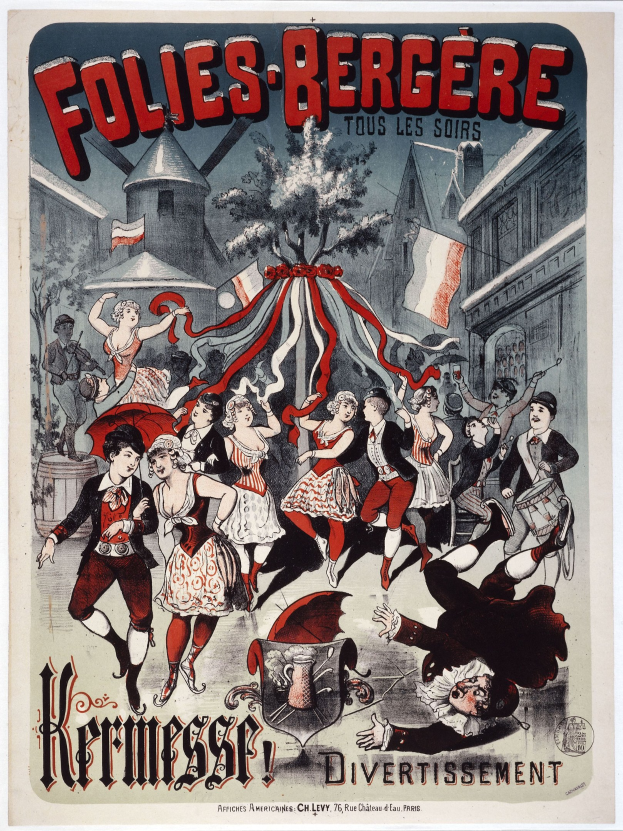 Plakat für das Folies-Bergère-Festival in Paris: Eine Gruppe tanzender Menschen im Vordergrund mit Gebäuden, Fahnen und einem Baum im Hintergrund sowie französischem Text oben und unten.