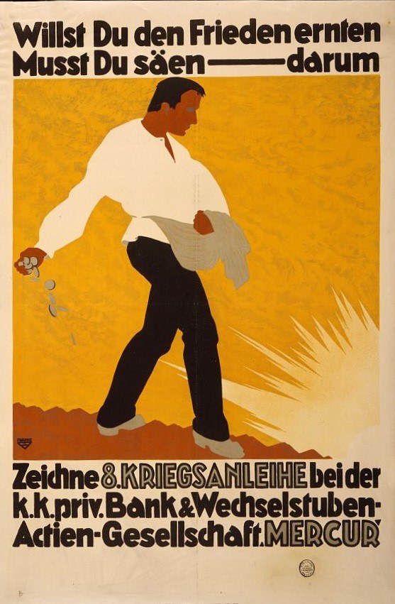 Deutsches Propagandaplakat für die Bank von Deutschland mit einem Mann in einem weißen Hemd und schwarzen Hosen mit Text über die Bankdienste.