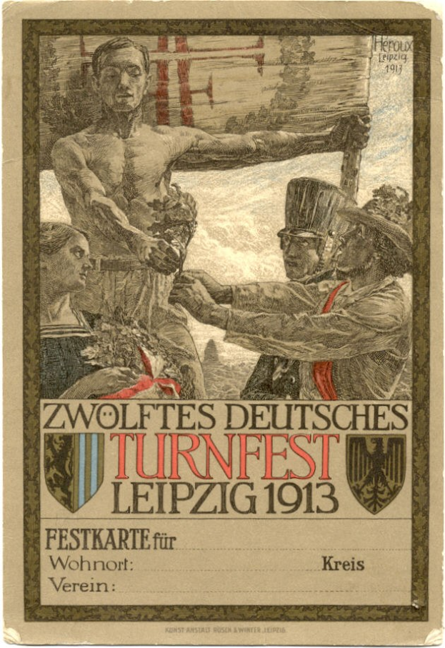 Plakat für das Zwölfte Deutsche Turnfest Leipzig 1913 mit einer zentralen Personengruppe und Text über das Ereignis