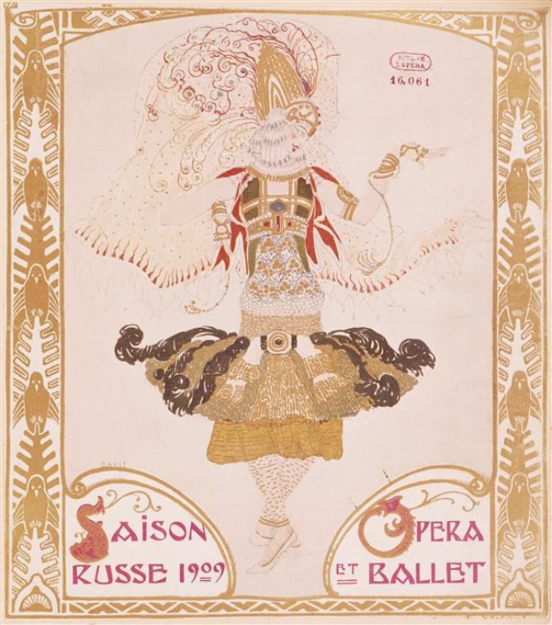 Plakat für eine 1909er Pariser Ballettvorstellung mit dem Titel "Saison Russe", das eine gemalte Figur in einer anmutigen Pose mit der Aufschrift "Opera et Ballet" darüber zeigt.