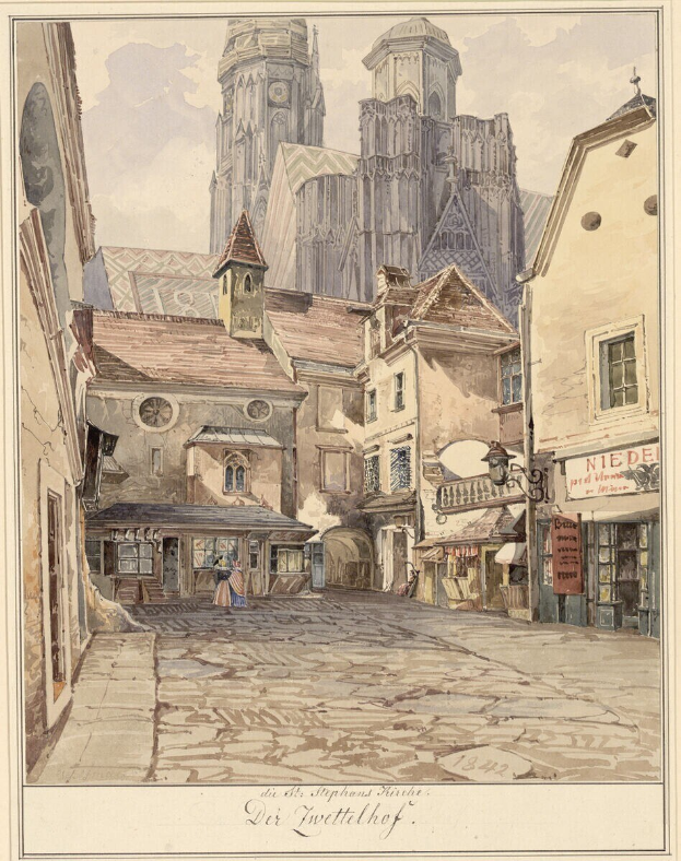 Stadtstra├čenbild mit Kirche im Hintergrund, mit Gebaeuden, Menschen und Himmel, mit Text unten.