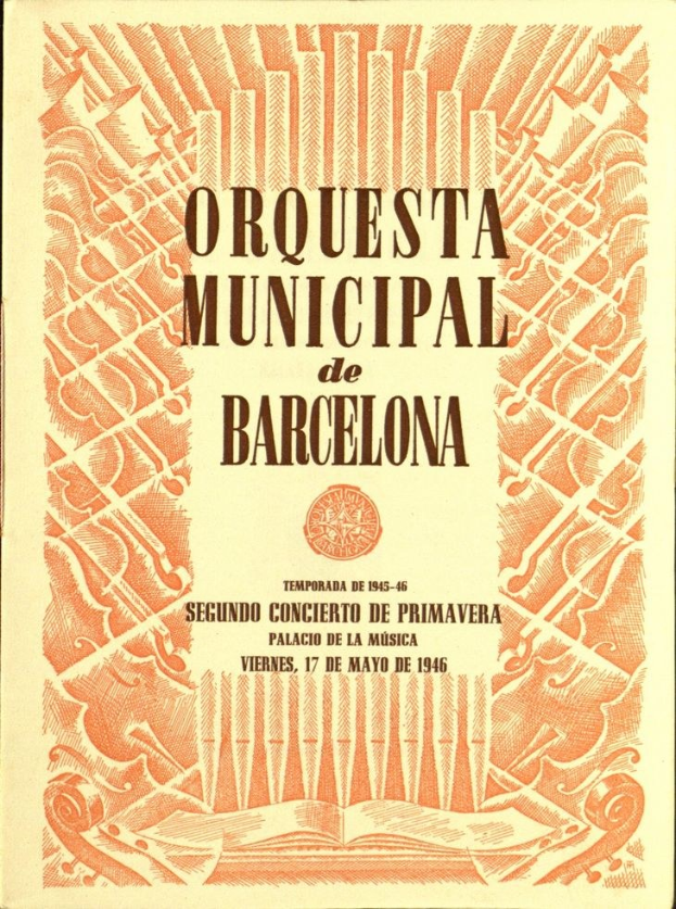 Offenes Buch mit dem Titel "Orquesta Municipal de Barcelona" in fettem schwarzen Text und blauen, grünen und gelben Illustrationen auf seinen Seiten.